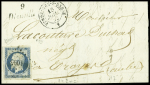 N°10 25c bleu, OBL PC 1095 + cursive "9 Dienville" + T15 "Vendeuvre-s-Barse 9" Aube (1853) sur lettre, ind 20. TB