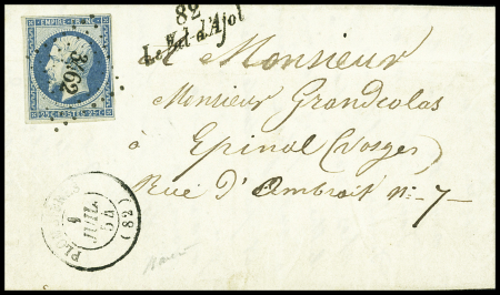 N°15 OBL PC 3462 + cursive "82 Le Val d'Ajol" + T15 "Plombières (82)" Vosges (1854) sur lettre. TB