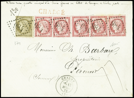 N°56 + 57, bande de 5, OBL GC 984 + T17 "Chauny (2)" (1873) sur devant de lettre avec mention manuscrite