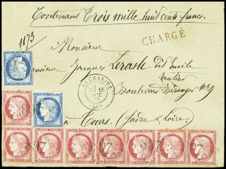N°60, 2 pièces (def) + n°57, 8 pièces (TB) OBL GC 897 + T17 "La Charité (56)" (1873) sur devant de lettre chargée (VD 3800F). TB