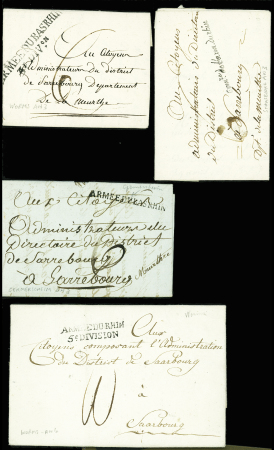 4 lettres avec MP "Armée du Bas Rhin 3e DIVon" (Worms an 3), "Armée du Bas Rhin" (Germersheim - an 3), "COMre de l'arm du Rhin" (Strasbourg An 3) et "Armée du Rhin 5e division"