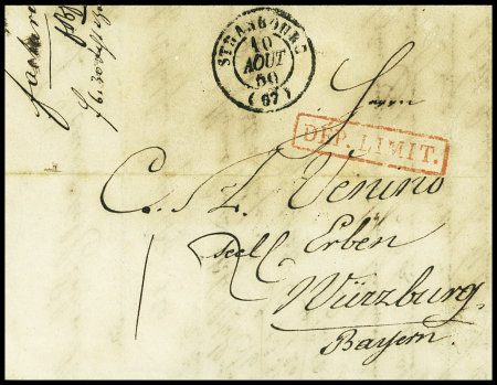 BAS-RHIN lettre avec T15 "Strasbourg (67)" (1850) pour Wurzburg (Bavière) avec marque rouge encadrée "Dep limit". TB