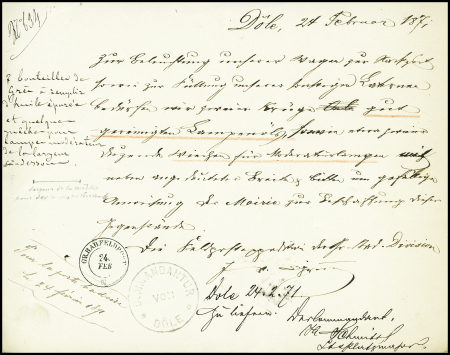 Document de réquisition en Allemand avec CAD "Gr Bad feldpost" (24.2.71) + cachet noir "Commandatur von Dôle". Rare et TB