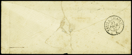 N°13 + 14 en paire OBL PC 924 + T15 Compiègne (1857) sur lettre pour Gorée (Sénégal) avec au verso ambulant de nuit "Paris à Calais 2°". TB