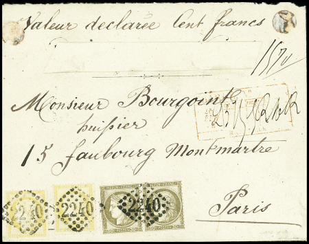 N°38, 2 pièces + 56 en paire OBL GC 2240 (Marseille) sur lettre chargée pour Paris (VD 100F). TB