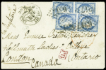 N°60, 2 paires verticales OBL GC 6317 + CAD "Lyon les Brotteaux (1874)" sur lettre pour le Canada avec arrivée. TB