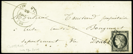 8 plis classiques divers (1 devant) dont n°3 OBL grille + T14 "Couterne (59)" (1849) et n°54 OBL sur carte postale précurseur avec taxe manuscrite 15c