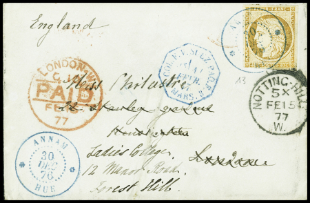 Lettre affr. 40c Cérès (CG13) OBL type A civil bleu (bien plus rare que militaire) ANNAM / HUE 30 déc. 1876 avec les cachets de transits et d'arrivée en Angleterre