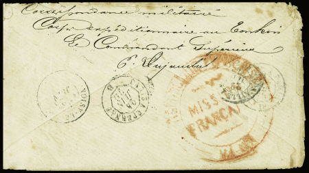 Lettre avec au verso: « Corps expéditionnaire au Tonkin » et cachet rouge « Mission Française / Hanoi » (unique à ce jour), chargée de rapatrier le corps de Francis Garnier