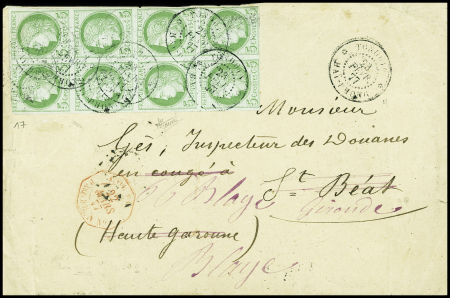 Lettre avec cachet des Douanes du Tonkin (verso) affr. Bloc de 8 du 5c. Cérès (CG n°17), soit 40c tarif civil (avant I'entrée du Tonkin dans I'UPU janv 1878)