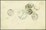 Lettre avec cachet des Douanes du Tonkin (verso) affr. Bloc de 8 du 5c. Cérès (CG n°17), soit 40c tarif civil (avant I'entrée du Tonkin dans I'UPU janv 1878)