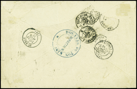 Lettre avec cachet des Douanes du Tonkin (verso) affr. Bloc de 8 du 5c. Cérès (CG n°17), soit 40c tarif civil (avant I'entrée du Tonkin dans I'UPU janv 1878)
