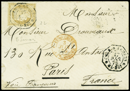 2 lettres dont 1 affr. 15c Cérès (CG n°22) OBL Corr d'Armées / HANOI 17/04/1879 + cachet rouge Indochine / Paq Fr Modane 03/06/79 signée Sinais