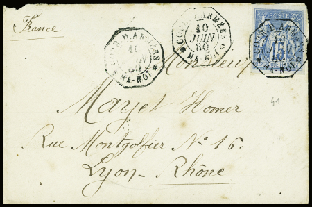 CG n°412, 15c Sage bleu OBL Corr d'Armées / Hanoi 10/06/1880 frappé 3 fois. Jolie pièce rare