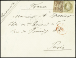 CG n°9 + 34; double port par 30c Napoléon et 20c Sage OBL Haiphong 25/05/1881, au tarif civil (plus rare que militaire), transit Modane à Paris, arrivée le 18