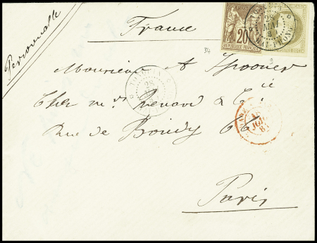 CG n°9 + 34; double port par 30c Napoléon et 20c Sage OBL Haiphong 25/05/1881, au tarif civil (plus rare que militaire), transit Modane à Paris, arrivée le 18