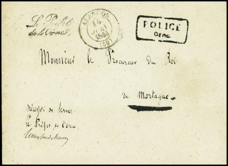 ORNE Lettre avec T13 Alençon (1844) + franchise "Le Préfet de l'Orne" + marque encadrée noire "Police Orne" adressée au procureur du roi à Mortagne. TB