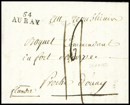 Lettre avec MP "54 Auray pour Douai avec au verso MP "Déboursé de S. Omer" (An 8). Non signalé (avec lettre de JF Baudot au sujet de cette lettre)