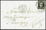 Gironde : n°3 OBL T15 Bordeaux (20 avril 1849) répété à côté sur lettre. Rare utilisation du cachet à date sur le timbre pendant la période de la grille