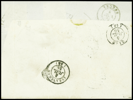 N°4, 2 pièces, OBL grille + T15 Brécey Manche (1850) sur lettre pour Caen. TB