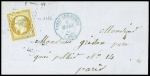 N°13 (leg touché) OBL PC 2386 bleu + T15 bleu "Passy-les-Paris (60)" (1855) sur lettre. TB