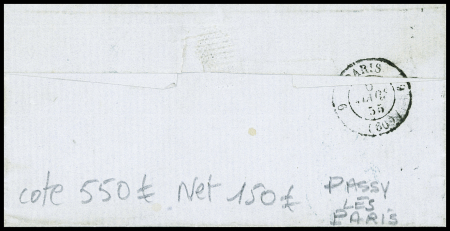N°13 (leg touché) OBL PC 2386 bleu + T15 bleu "Passy-les-Paris (60)" (1855) sur lettre. TB