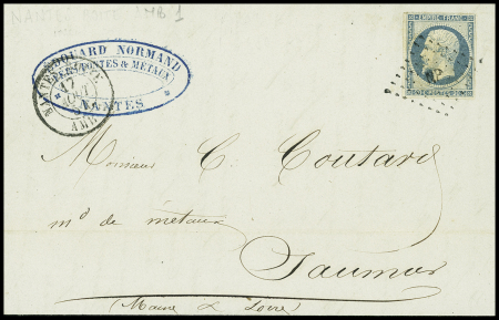 2 lettres : n°14 OBL losange de points "NP" + CAD Nantes AMB 2" (1854) et n°14 OBL losange de points "PT1" + CAD "Nantes  boite AMB 1" (1853). TB