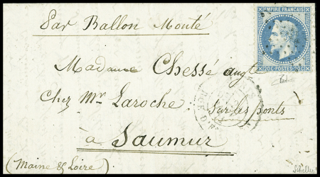 N°29 OBL étoile 4 + CAD "Paris R. d'Enghien" (24 janv 71) sur ballon monté pour Saumur, arrivée le 28 janv (Le Général Daumesnil). TB