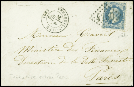 N°29 OBL GC 4150 + T17 "Verneuil-s-Avre (26)" (1870) sur lettre pour Paris (tentative d'entrée), certificat Behr. TB