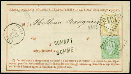N°35 5c vert-pâle sur bleu + n°59 OBL GC 1315 + T16 Domart Somme (1872) sur avis rose de chargement. TB