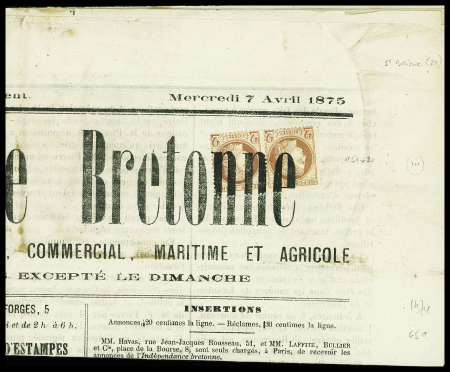N°51 en paire OBL typo sur journal "L'Indépendance bretonne" (7 avril 1875). TB
