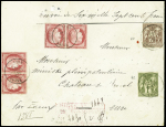 N°57, 2 paires + 67 + 72 obl T18 Lyon Rhone (1877) sur lettre chargée pour Evreux, bel AFF composé Cérès-Sage