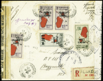 Madagascar PA49, 3 pièces + PA 53 + PA50, surchargés France Libre OBL Tananarive (1943) sur lettre recommandée pour Brazzaville avec double censure