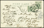 Chine : Hong-Kong n°63, 2 pièces OBL CAD "Shanghaï BPO" (1907) sur carte postale pour la Birmanie avec transits Ten Yueh et Bahmo. TB