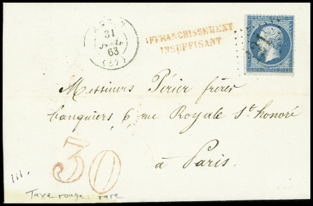 N°22 OBL GC 121 + T15 "Anzin (57)" Nord (1863) sur lettre pour Paris avec griffe rouge "Affranchissement insuffisant" + taxe 30 double trait rouge sur lettre