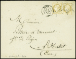 2 lettres : n°36 en paire OBL étoile 9 + CAD "Paris R. Montaigne" (19 juin 1871) et n°36 en paire OBL étoile évidée + CAD "Paris (60)" (7 juin 71). TB