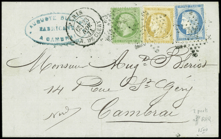 N°36 + 60 + 20 (LD) OBL CAD "Paris R. de Cléry" (23 nov 71) sur lettre double port pour Cambrai. TB