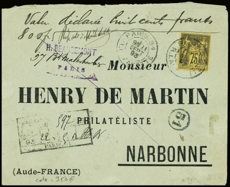 N°36 + 60 + 20 (LD) OBL CAD "Paris R. de Cléry" (23 nov 71) sur lettre double port pour Cambrai. TB
