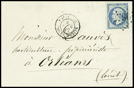 N°22 OBL GC 2796 + T15 "Pauillac boite mobile" (1867) sur lettre, ind 20