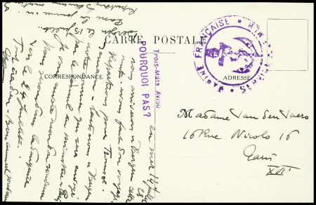 Carte postale en franchise représentant le Pourquoi Pas? Au Groenland écrite par Paul Pléneau avec griffe violette "Trois mâts aviso Pourquoi Pas?" et cachet violet avec ancre "marine française service à la mer"