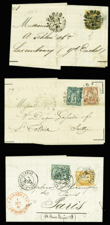 6 plis AFF type Sage avec OBL interessantes : CAD d'essai de la place de la Bourse, OBL US de l'expo de 1900 sur devant de lettre à en-tête, lettre pour Macao, CP précurseur des ETS Lambert à Beaune. TB