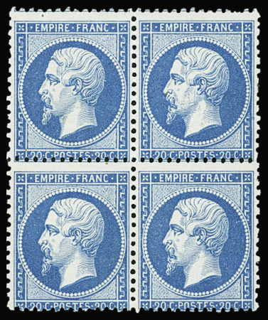 N°22 20c bleu, neuf sans charnière ** en bloc de 4,