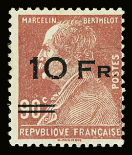 N°3 Berthelot 10F sur 90c rouge, neuf avec trace de