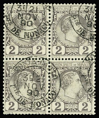 N°2 2c violet-gris, bloc de 4, obl. càd Monte-Carlo