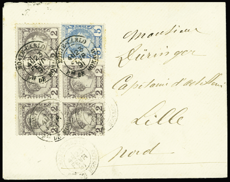 N°2 2c violet-gris en bloc de 5 +n°3 5c bleu sur lettre