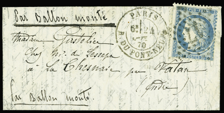 N°37 OBL étoile 17 + CAD "Paris R. du Pont Neuf" (24 oct 70) sur ballon monté pour Vatan (Indre) avec au verso arrivée 4 nov (Le Montgolfier, sac de Nixeville)