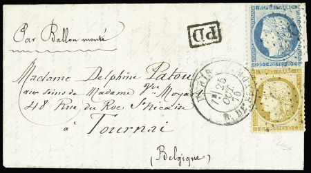 N°36 + 37 OBL étoile 5 + CAD "Paris R. de Bondy" (25 oct 70) sur ballon monté pour Tournai (Belgique) avec "PD" encadré noir et au verso CAD "France par Tournay"