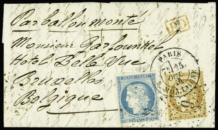 N°36 + 37 OBL étoile 9 + CAD "Paris R. Montaigne" (15 dec 70) sur ballon monté pour Bruxelles (arrivée 2 nov). TB