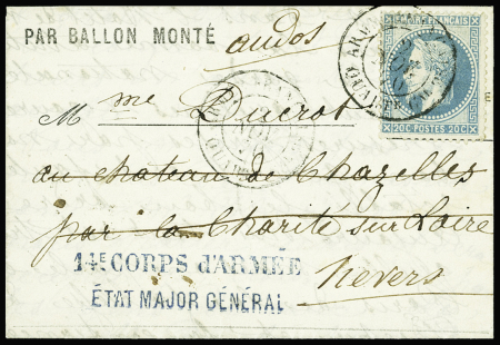 N°29 OBL CAD "Armée Française Quartr Gal (2 nov 70) sur ballon monté avec griffe bleue "14e corps d'armée état-major général" pour la Charité sur Loir