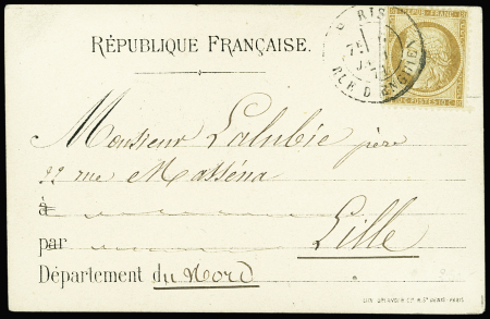 N°36 OBL CAD "Paris rue d'Enghien" (6 janv 71) sur carte à en-tête "République Française" pour Lille avec arrivée 12 janv 71 (Le Duquesne). TB